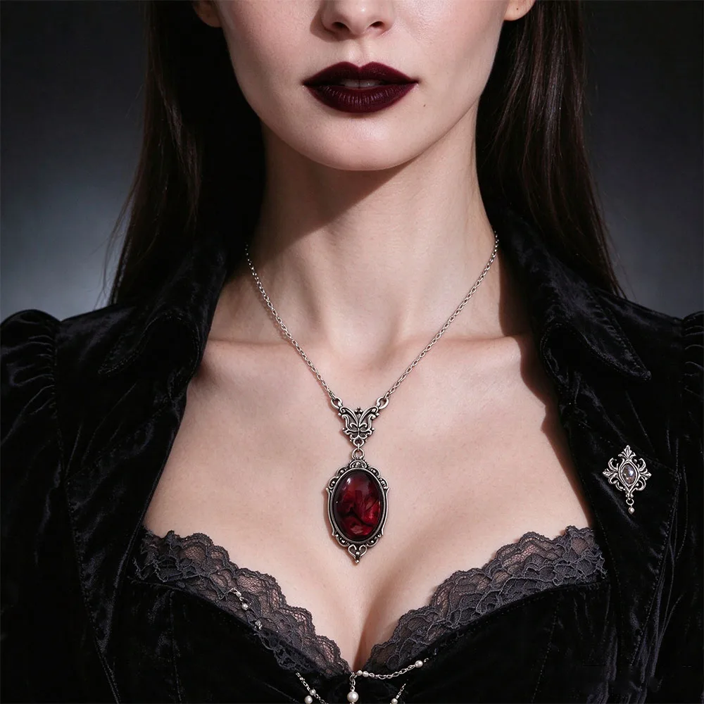 Gothic Vampire Necklace Vintage Stardust Crystal Cameo Pendant Necklace Punk Style Vampire Pendant Oval Satanic Demon Necklace