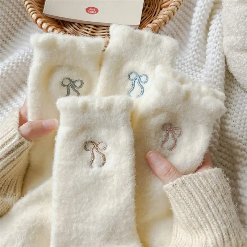 

5 пар женских носков до середины икры, толстые осенне-зимние толстые теплые домашние носки на флисовой подкладке с бантом, дешевые термоноски для сна