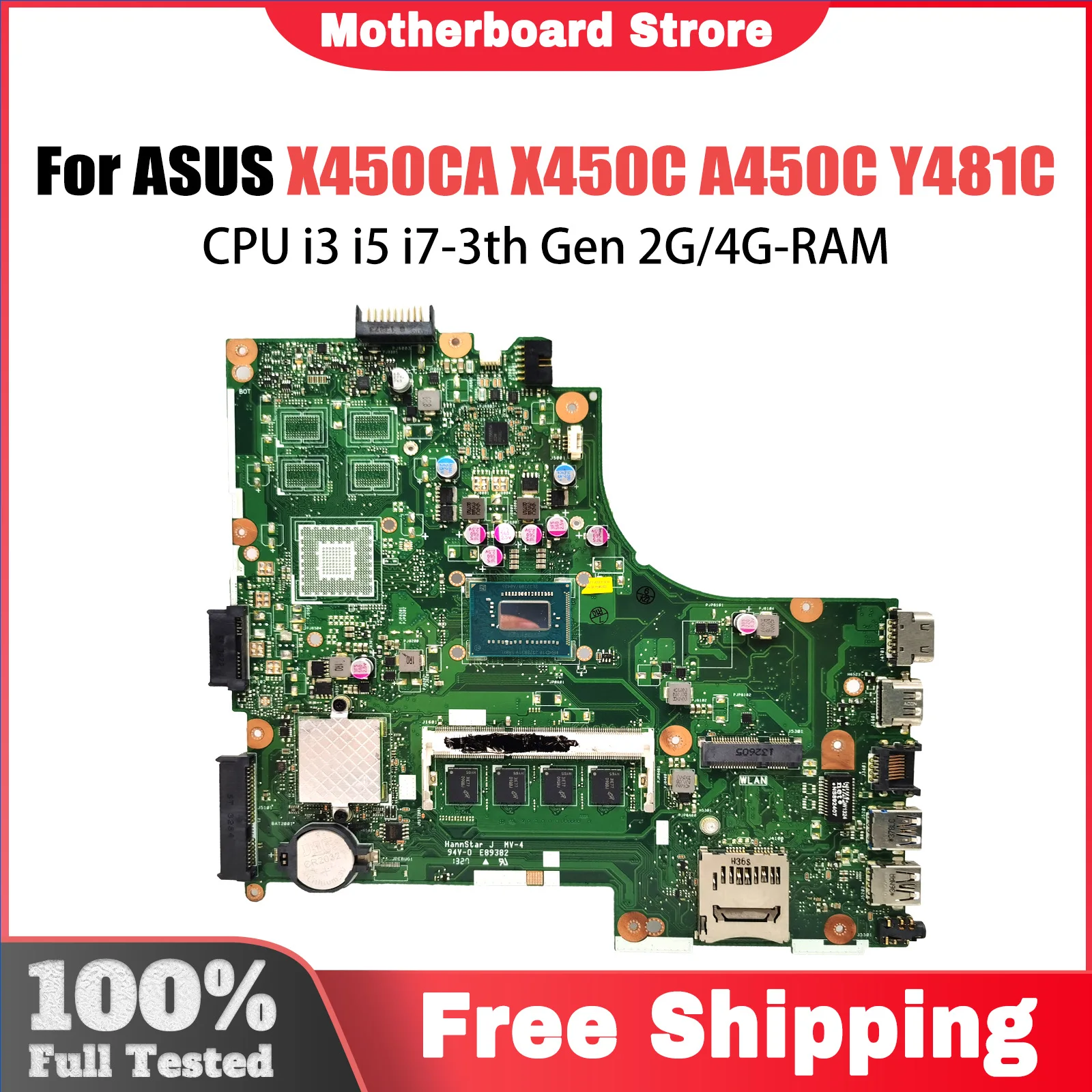 X450CA Mainboard For ASUS X450CC X450C A450C Y481C Laptop Motherboard With CPU i3 i5 i7-3th Gen 2G/4G-RAM 100% Tested OK