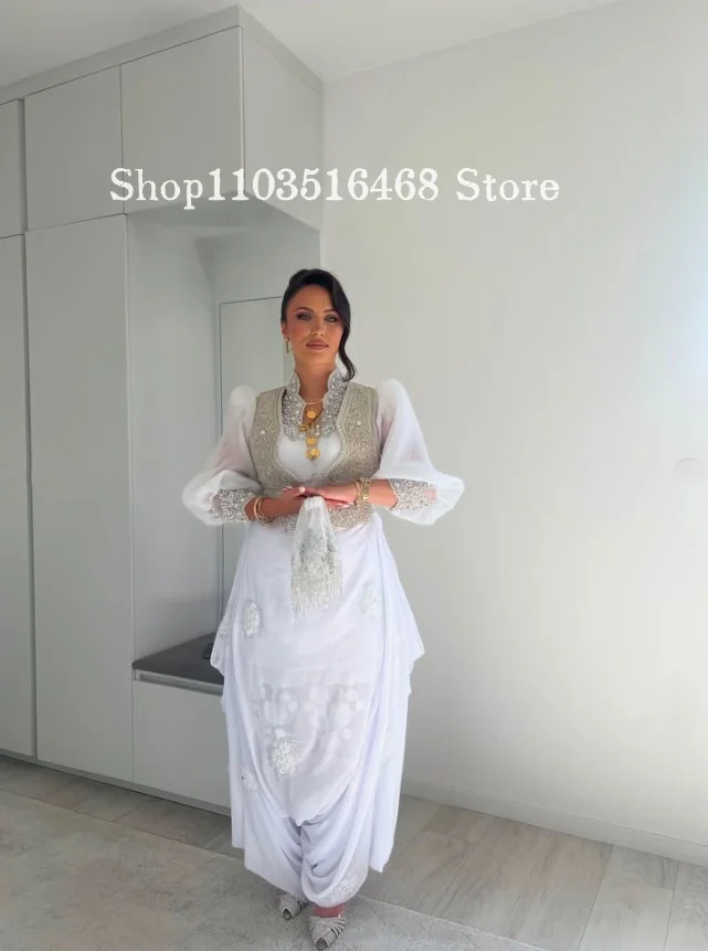 Customized White Traditional Algerian Wedding Dress Lace Beaded Arabic Bridal Gown Religious Attire Muslim Eid al-Fitr Gown 2026