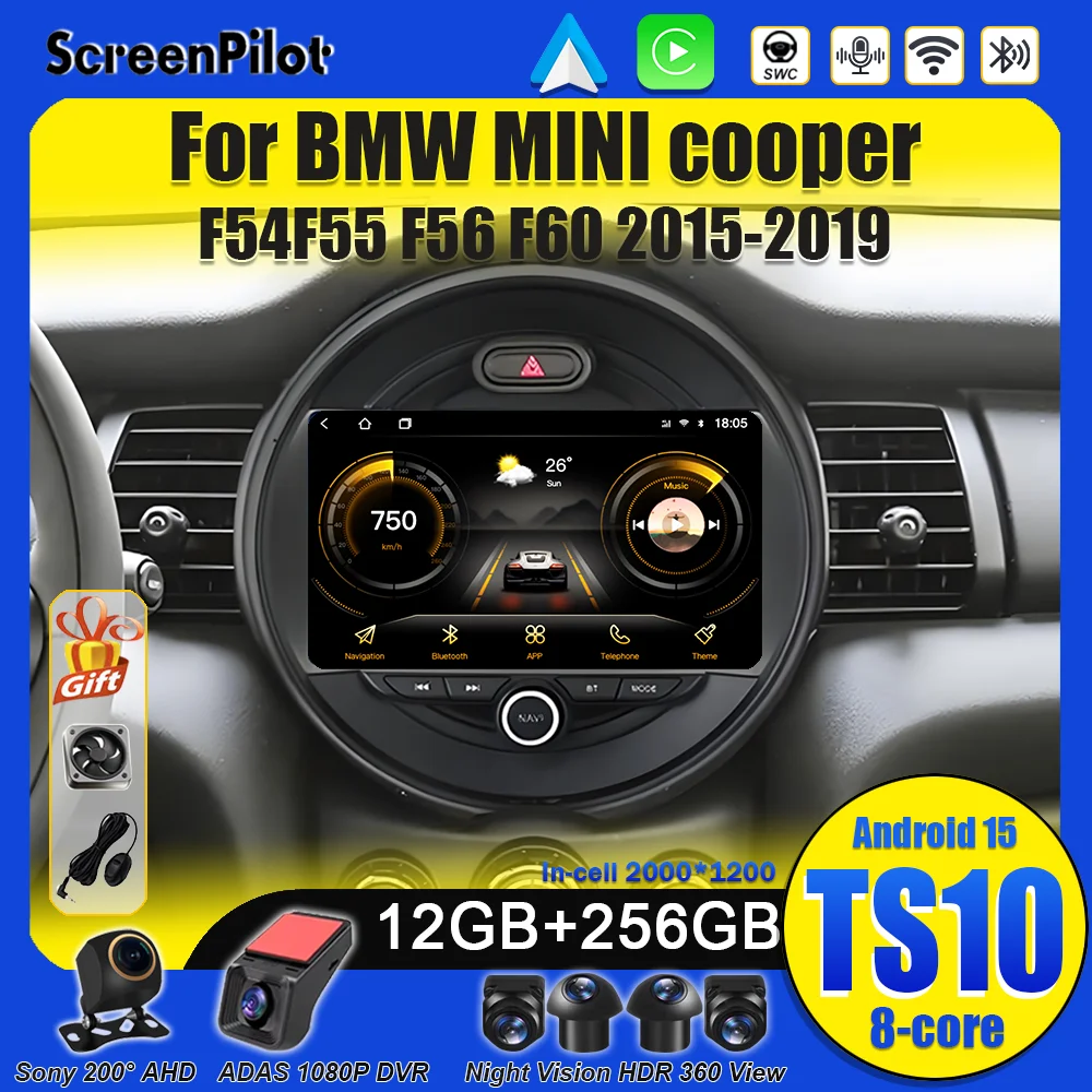 أندرويد 15 لسيارات BMW ميني كوبر F54 F55 F56 F60 2015 - 2019 وحدة رأس ستيريو نظام تحديد المواقع والملاحة بلوتوث شاشة تعمل باللمس 8 كور RDS 5G