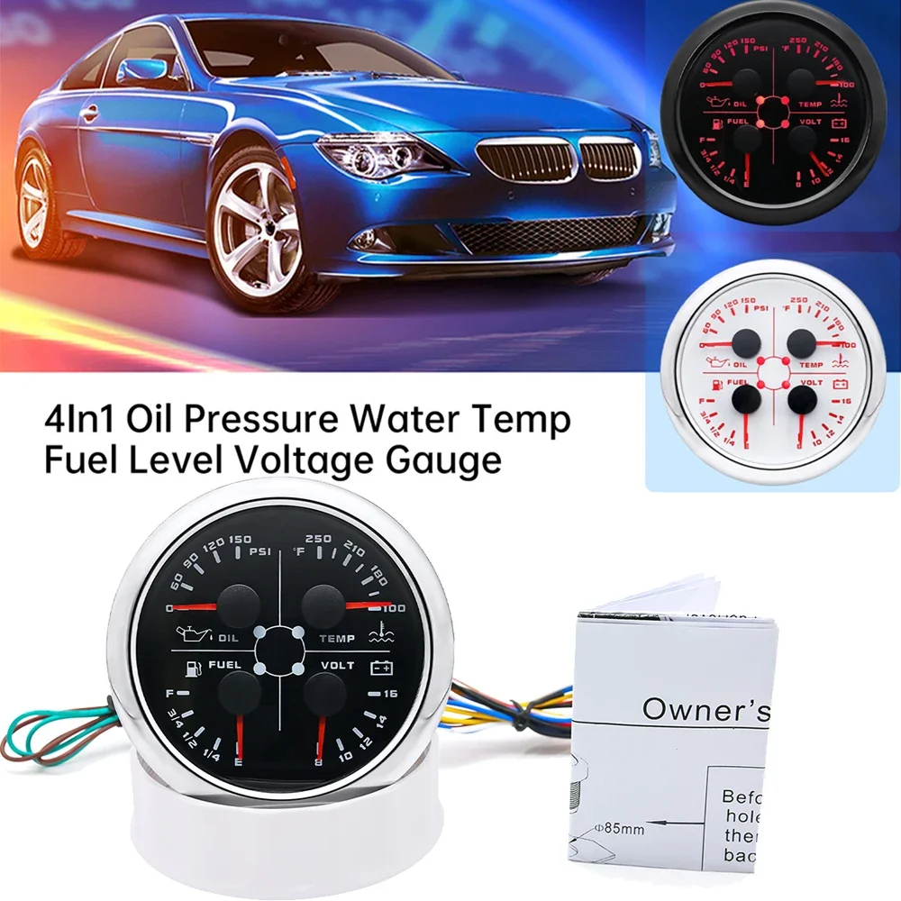 85mm Oil Pressure/water Temperature/fuel/voltmeter 4 In 1 Multifunction Gauge 0-10bar Oil Pressure or Water Temperature Sensor