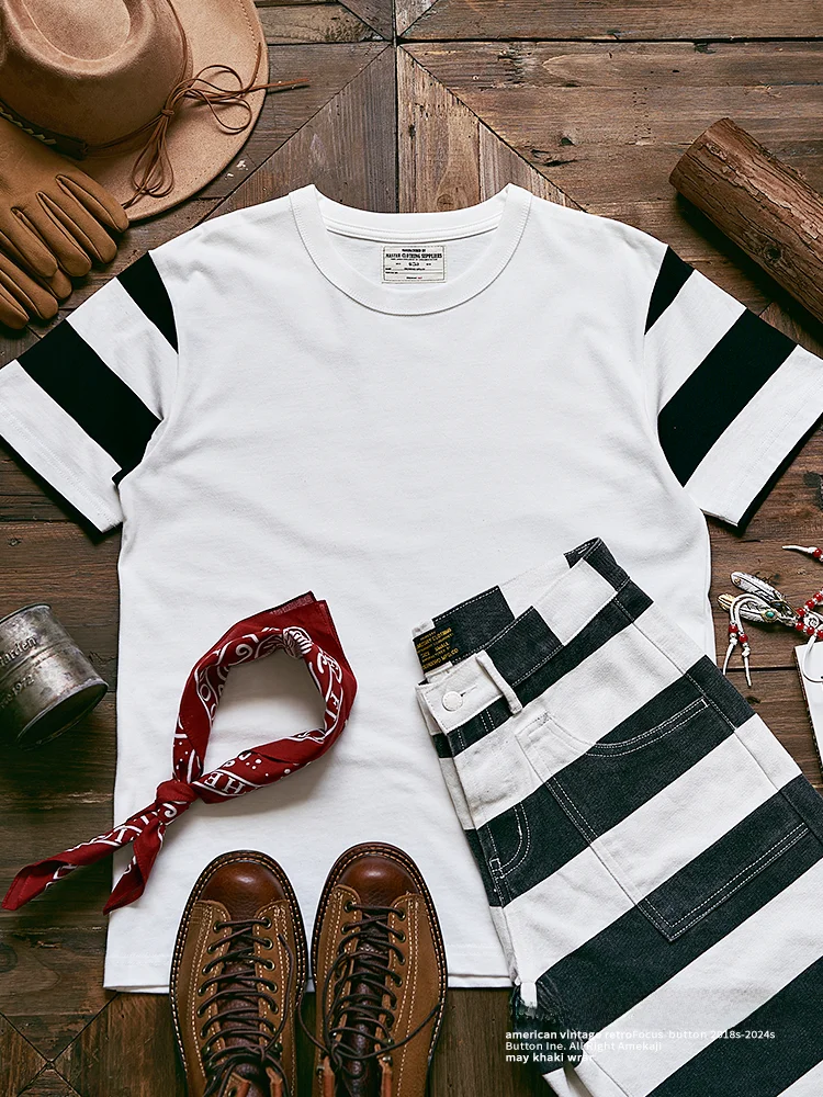 

American Retro Pure Cotton Thiened Bla White Prisoner Motorcycle Stripes T-irt Japanese Sle Khaki Motorcycle Base o...