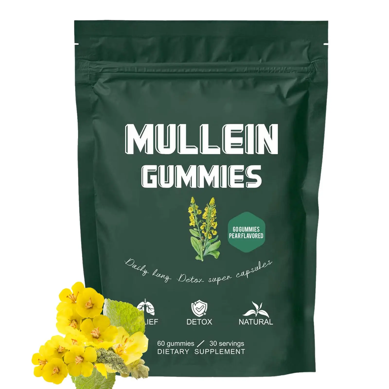 

Powerful Mullein Gummies for Lung Health – 2000mg Mullein Leaf Extract for Lung Cleanse,Refreshing Pear Flavor - 60 Count