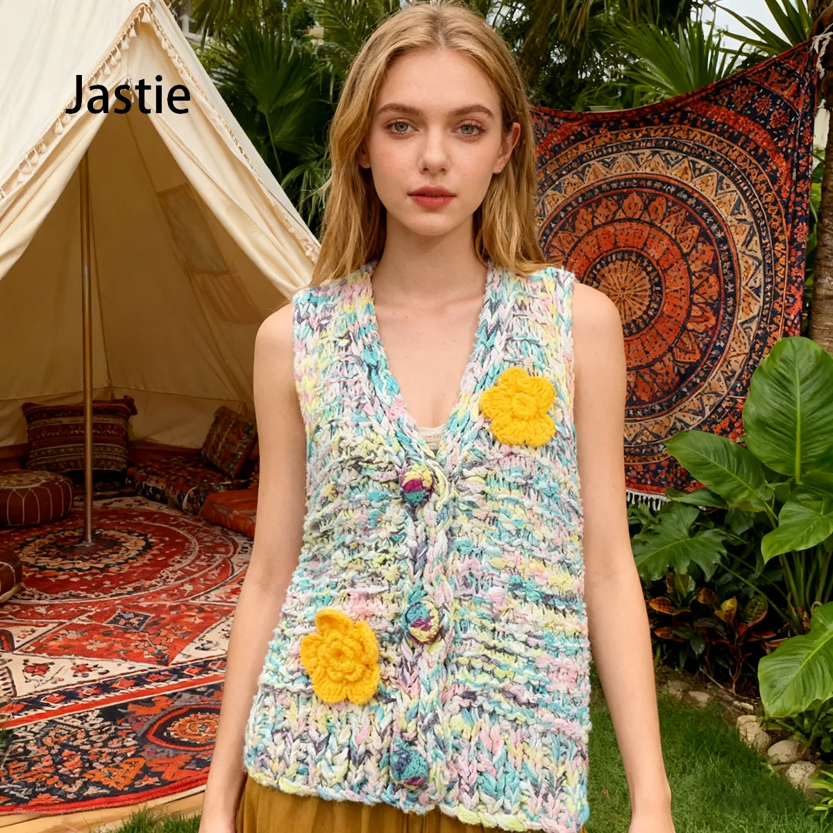 Colorful Chunky Knitted Vest Ethnic Style Colorblock Hollow Flower Decoration V-neck Button Sleeveless Women Sweater Cardigan