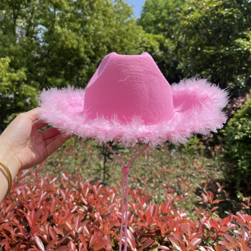 Pink Wide Brim Rough Selvedge Cowgirl Hat Feather Brim Cowboy Hat Carnival Cosplay Street Shooting Props Decorative Hat