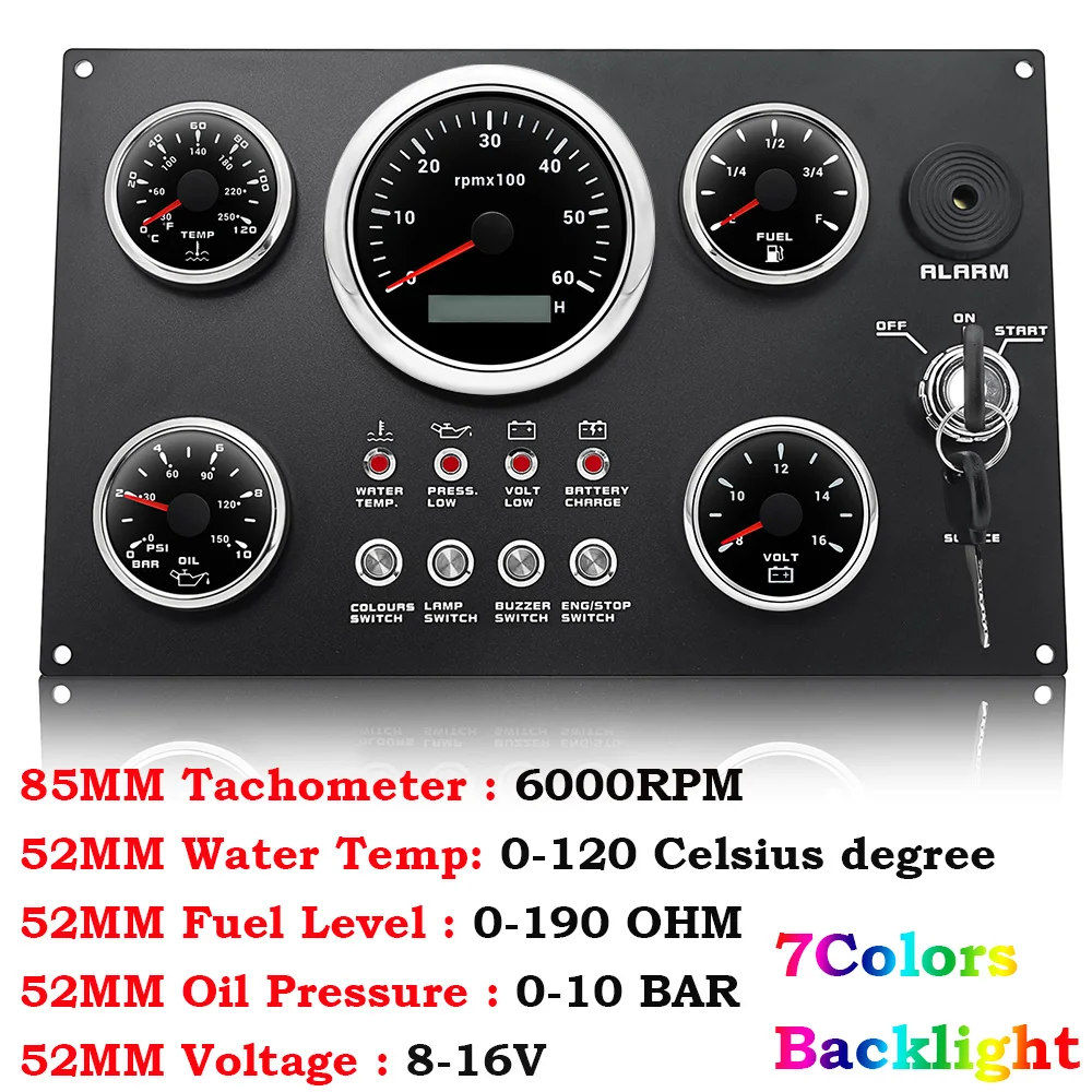 Boot Dashboard 5 Gauge Set Schakelpaneel 85mm Toerenteller 3000 rpm-8000 rpm + 52mm Voltmeter Oliepers Brandstofniveaumeter Aangepast