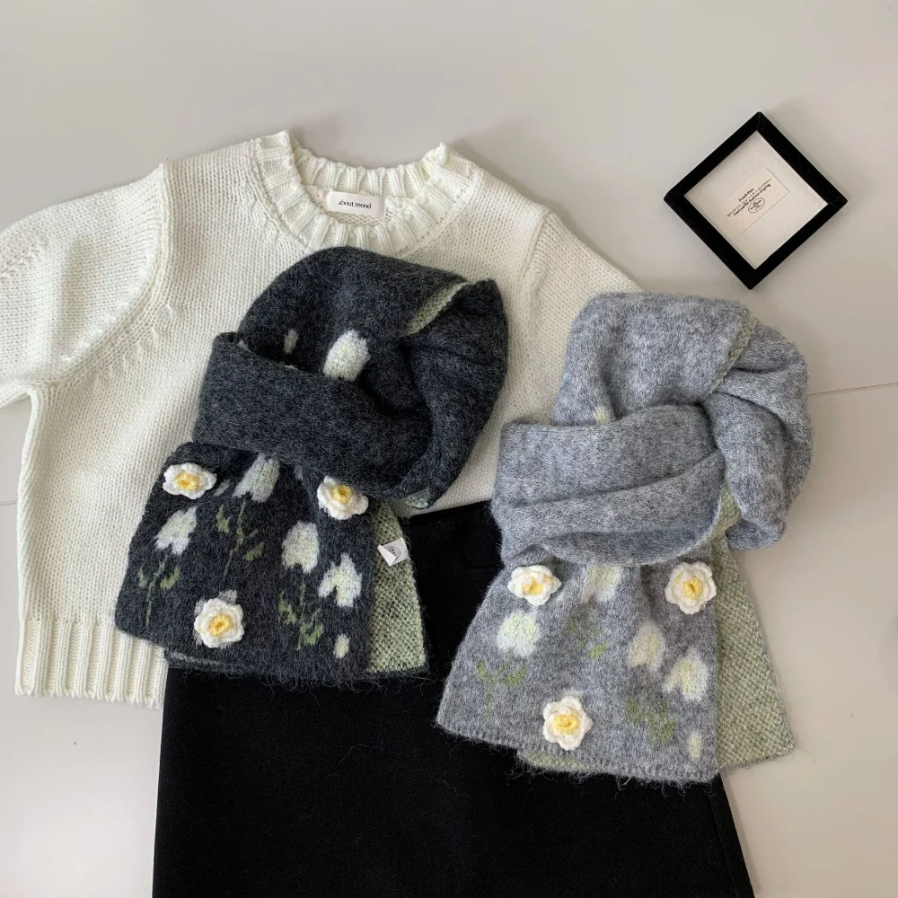 

3D вязаный шарф с камелией, осенне-зимний теплый шарф, женский модный шерстяной морозостойкий шарф, студенческая многофункциональная шаль