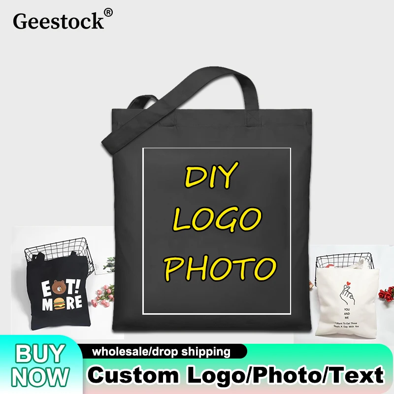 Geestock Customized Canvas Bags Folding Eco-Friendly Shopping Bag Reusable Shopping Trip Bag Causal Shoulder Grocery Tote