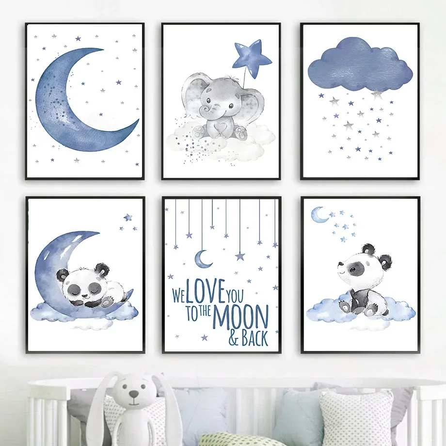 Blue Panda Elephant Moon Cloud Stars Nursery Minimalist Wall Art Print Diamond Painting Poster for Living Room Modern Home Dec