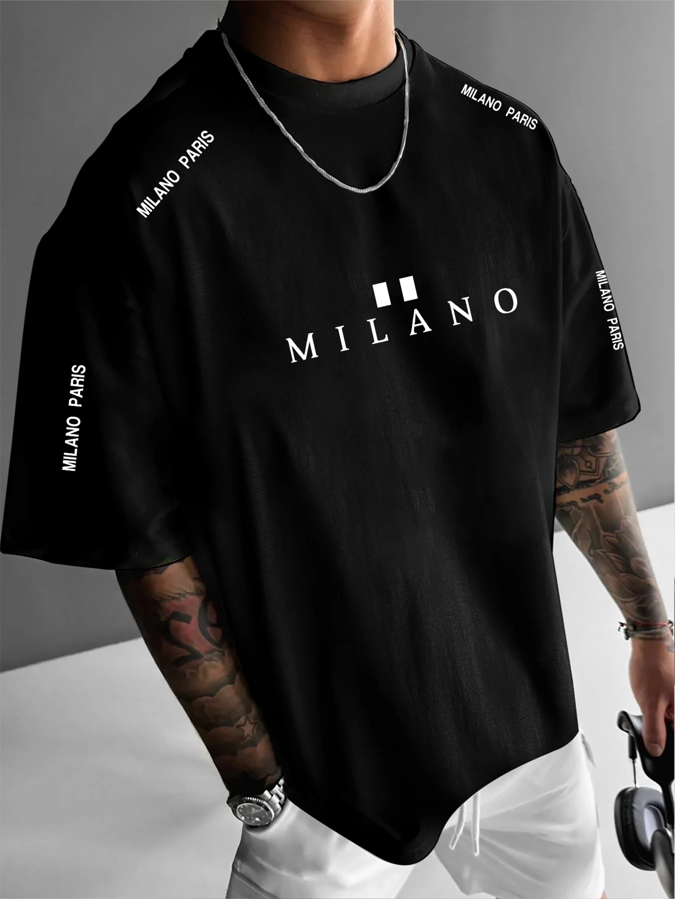 Oversized Drop Shoulder Men T Shirt Milano Paris Letter Graphic Print Crew Neck Casual Tee S-XXL