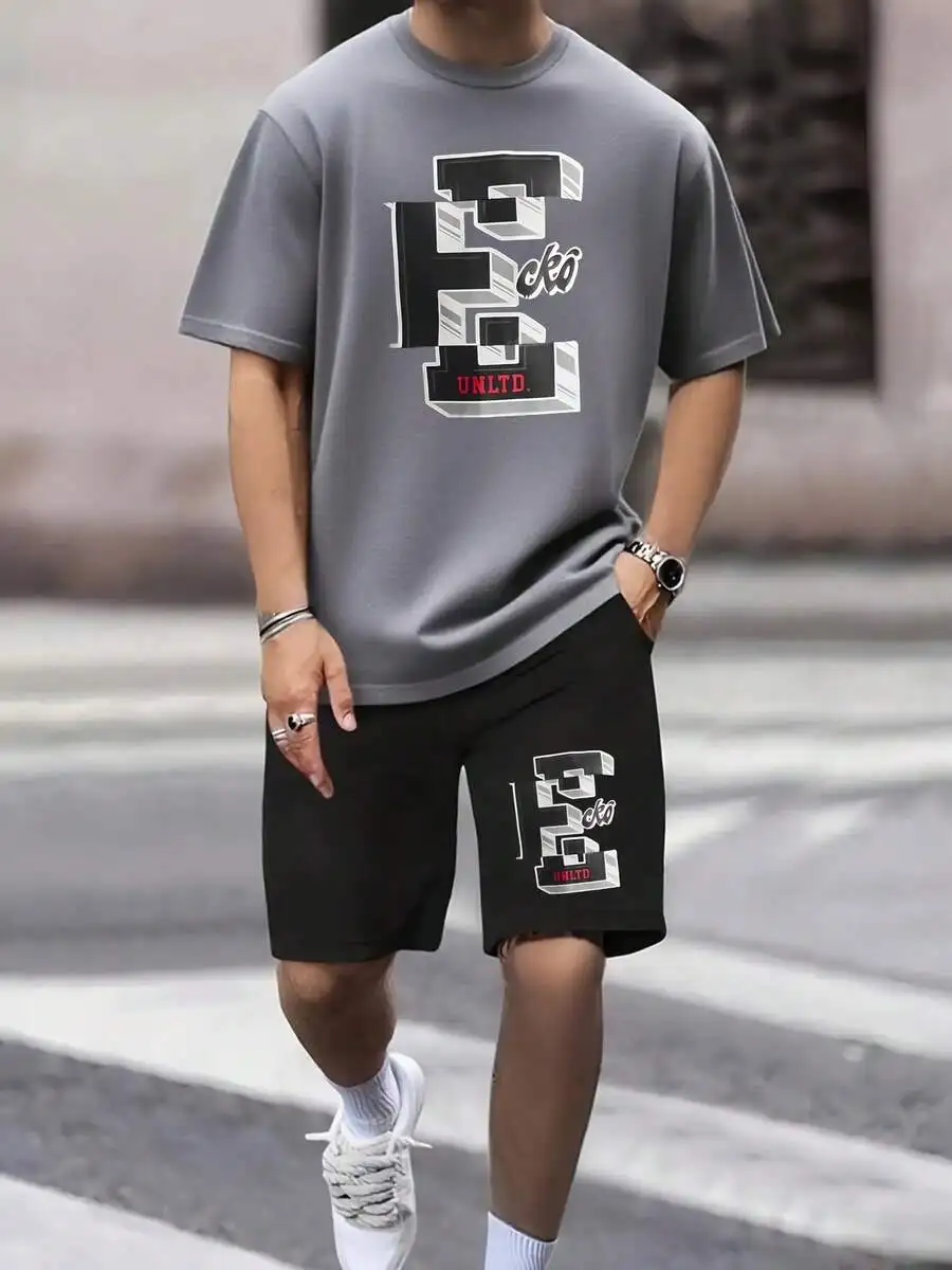 Washable Gym Clothing, Sporty Look, Durable Construction, Breathable Material, Printed Loungewear, Active Lifestyle Men 2 Piece