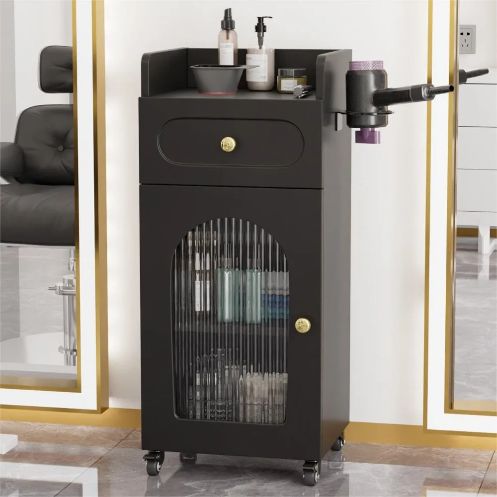 

3-tier rolling beauty trolley with wheels, adjustable shelf, storage cabinet, glass door, hair dryer holder, mobile station