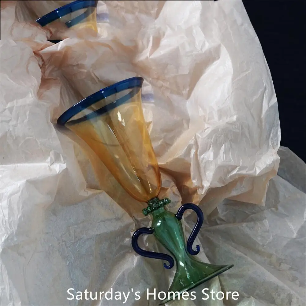 Colorful Glass with Double Mini Handle Vintage Goblet Glass Cup Cocktail Geometry handmade Glass Water Cup Wine Cup gift