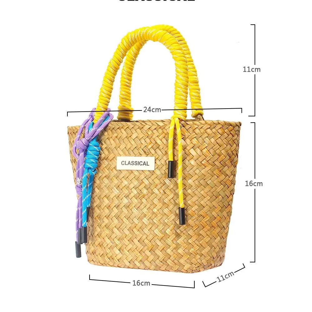 Hand Woven Straw Tote Shoppingbag Colorful Nylon Rope Carrying Handle  Tote Bag Fresher Little Basket Summer Trend Beach Handbag