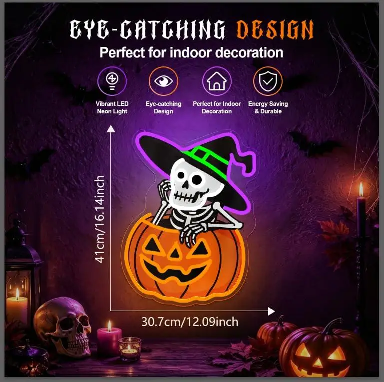 Skeleton In Pumpkin Neon Sign Usb Dimmable Led Wall Light Halloween Themed Decor For Bedroom Game Room Bar Party Holiday Gifts