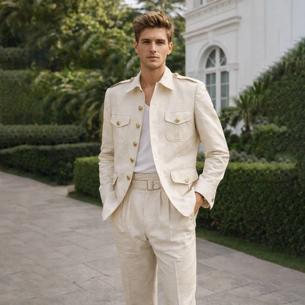 

Safari Men's Suits Elegant Wedding Single Breasted Stand Lapel Blazer Customized 2 Piece Jacket Pants Male Clothing Costume