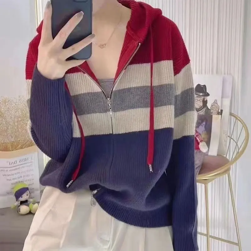 Women's Clothing Hooded Knitted Cardigan Korean Striped Zipper 2023 Autumn Winter Long Sleeve Casual Fashion Drawstring Sweaters