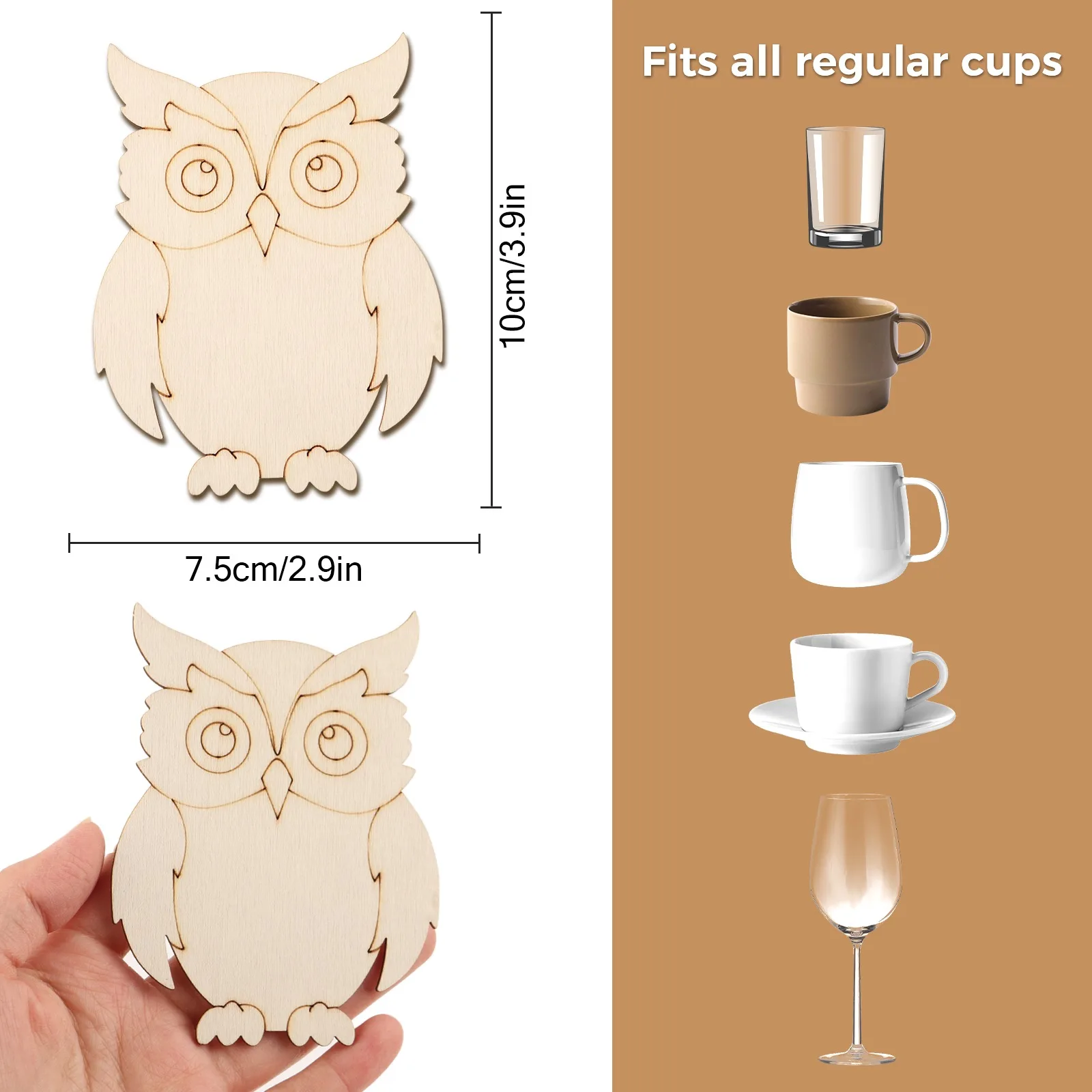 10Pcs Unfinished Owl Wooden Coasters Blanks, DIY Painting Craft Wood Cutouts, Animal Themed Drink Coasters for Home Kitchen Deco