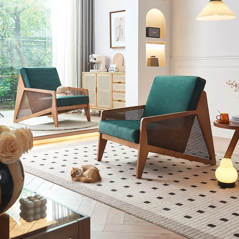 

Customizable Nordic Solid Wood Rattan Sofa South East Asia Retro Designer B & B Hotel Living Room Single Leisure Chair