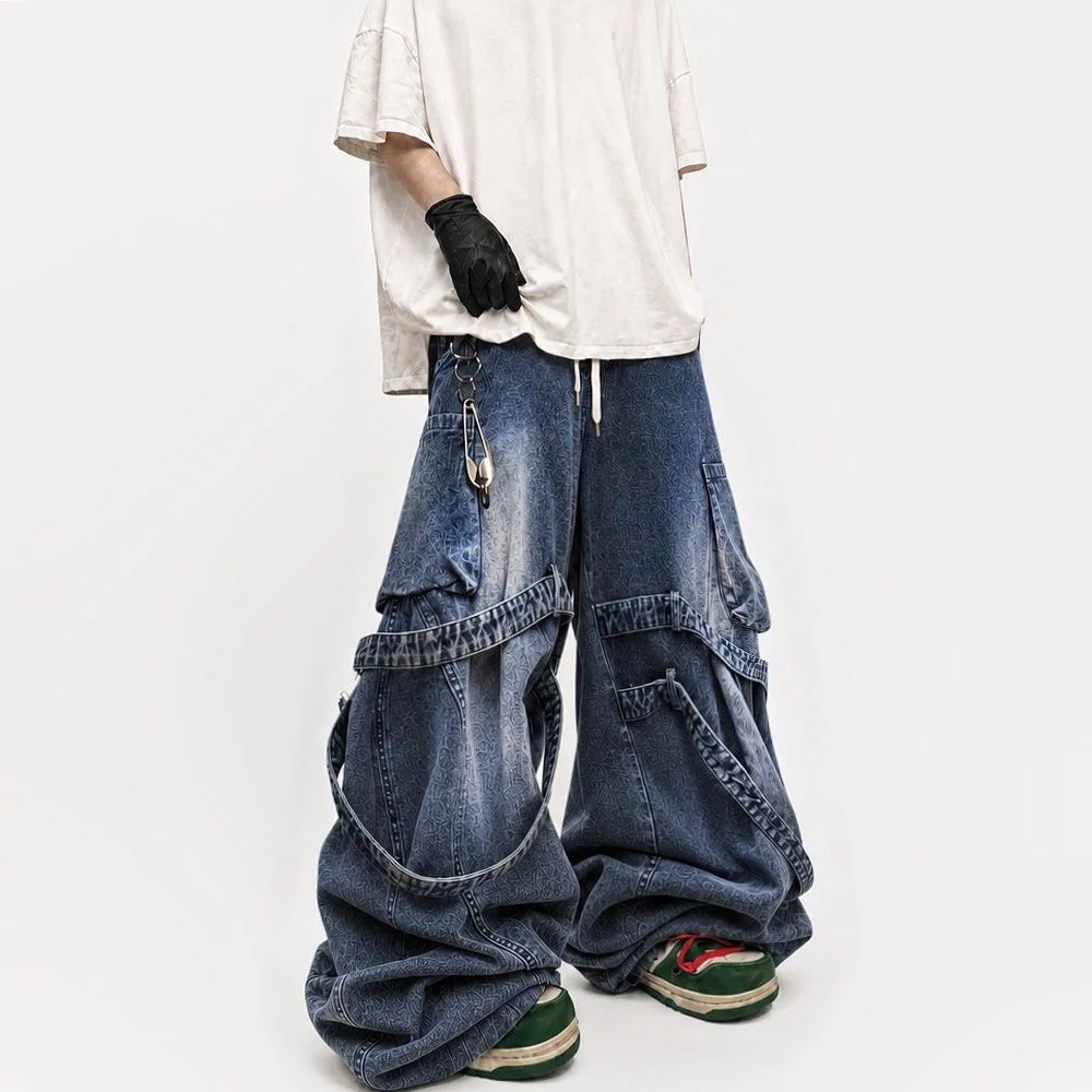 2026 New Trendy Ribbon Decorate Patchwork Baggy Denim Pants Men's Street Hip -hop Style Elastic Waist Denim Pants