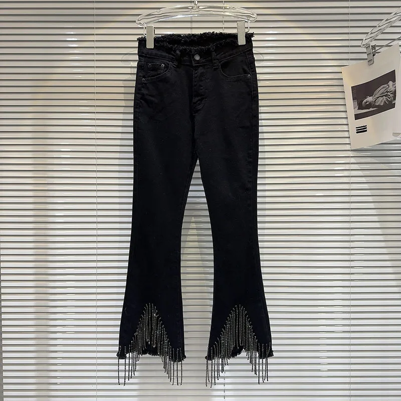 Cropped Jeans Women's Tassel Diamond-Embedded 2024 New Spring High Waist Slim Slimming European Station Bootleg Denim Pants