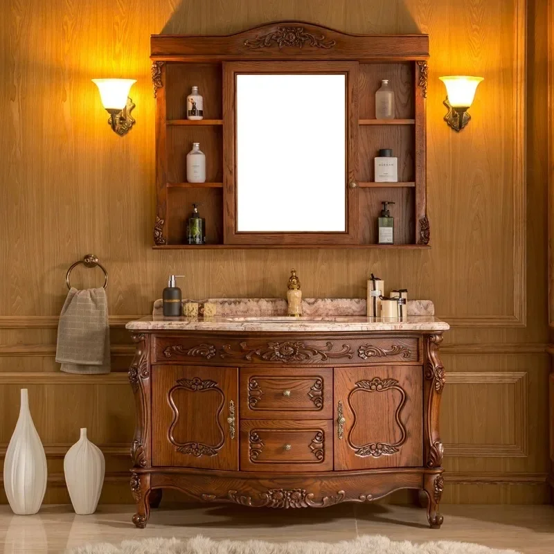 

Solid wood European bathroom red oak cabinet toilet washbasin mirror combination American style