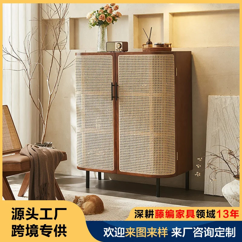 

Nordic Solid Wood Dining Side Cabinet Ins Retro Rattan Dining Side Cabinet B & B Bedroom Living Room Storage Locker
