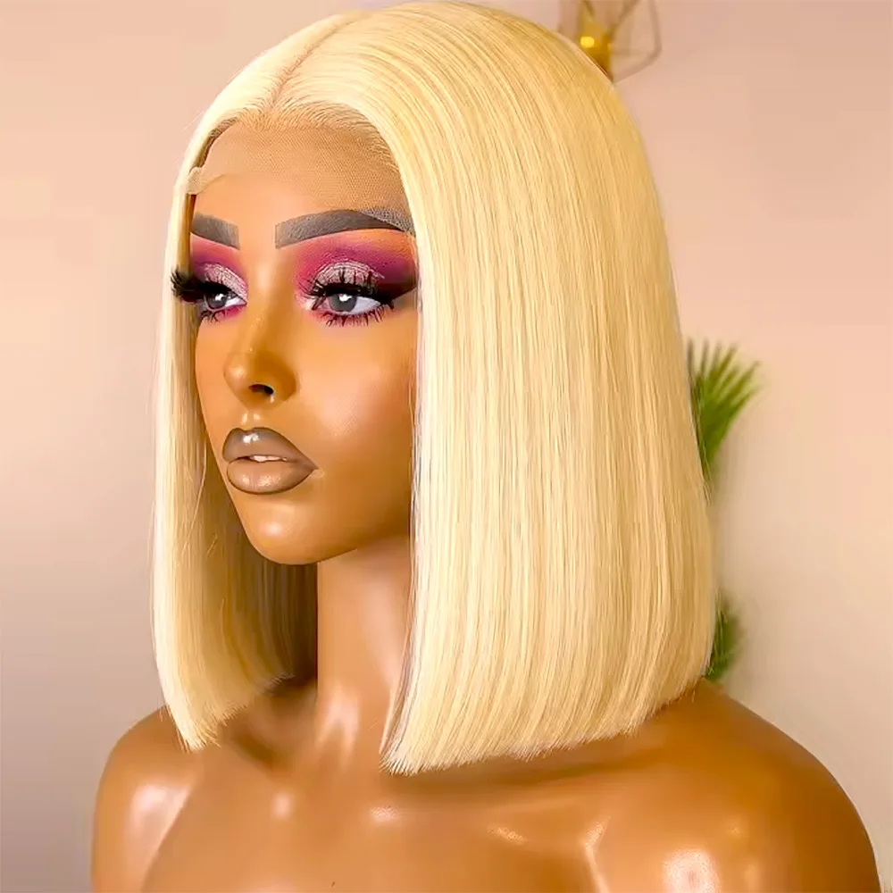 

613 Short Straight Human Hair Wigs 200 Density Honey Blonde Color 13x4 Lace Frontal Human Hair Wig For Women PrePlucked Bob Wigs