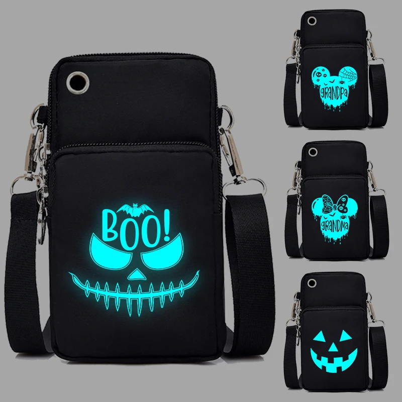 Boo Print Women Halloween Mobile Phone Bag Horror Movies Trick or Treat Messenger Bag Luminous Crossbody Bag Halloween Purse Bag