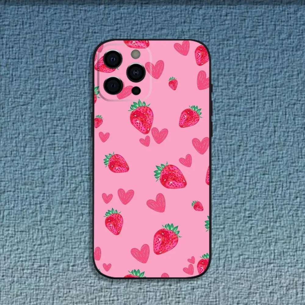 Red Strawberry Fruit Pattern Phone Case For iPhone 16,15,14,13,12,11,Pro,X,XS,Max,XR,Plus,Mini Soft Black Cover image 4