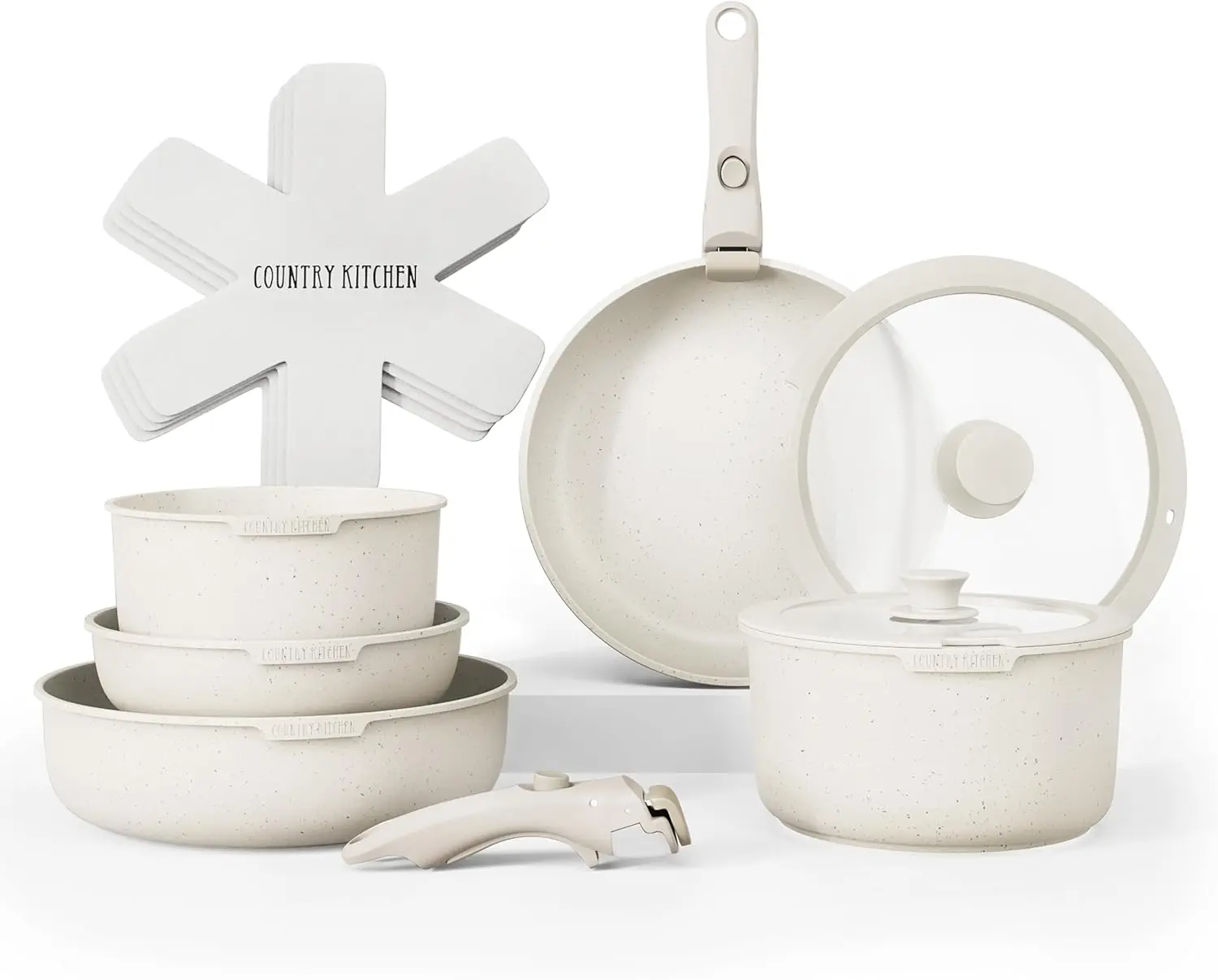 

Removable Handle Cookware Set, Oven & RV Safe Pots and Pans, Cream Kitchen Essentials for Home & Travel