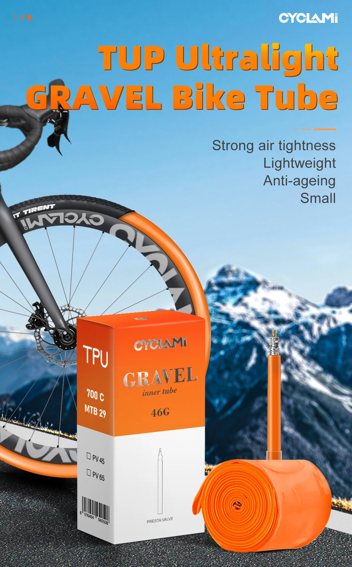 CYCLAMI Ultralight Gravel Road MTB 29 Fahrrad TPU Schlauchreifen FV 45 65 mm French Valve 700C 32C 35C 37C 40C 47C Super Light – Detail 1