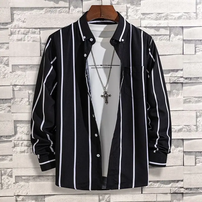 

New Men's 2024 Spring and Autumn Splice Square Collar Button Stripe Fashion Loose Minimalist Versatile Casual Long Sleeve Shirts