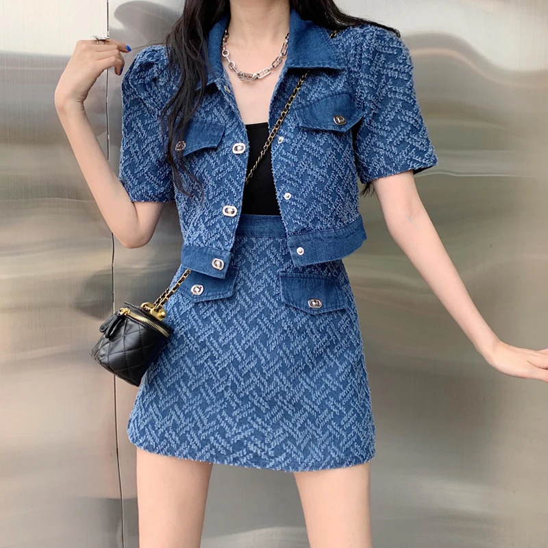 Small Fragrant Style Denim Skirt Suit Summer New Women's Stylish Skirts 2 Pieces Sets Women Outfits Two-piece Ladies Outfit Set