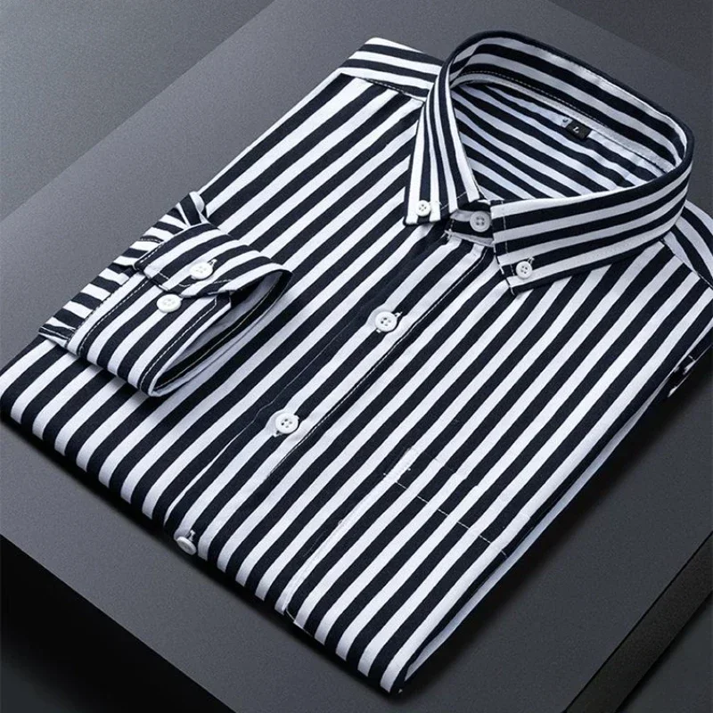 Men's Striped Shirts Formale Casual Printed Plaid Shirt Long Sleeve Slim Fit Botton Down Male Office Business Dress Shirt Black