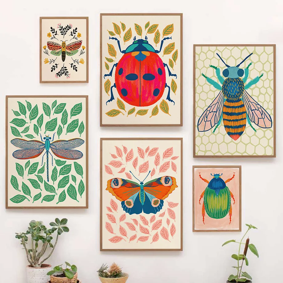 Colorful Insect Wall Art Boho Ladybug Bee Dragonfly Butterfly Prints Nature Botanical Posters Aesthetic Room Kids Bedroom Decor