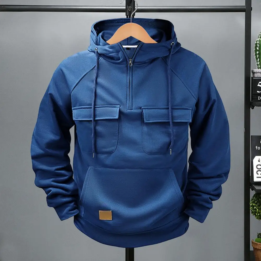 Thickened Fleece Hoodie Men's Cargo Style Sport Top with Multi Pockets Drawstring Hem Half Zipper Hoodie for Fall Spring Casual