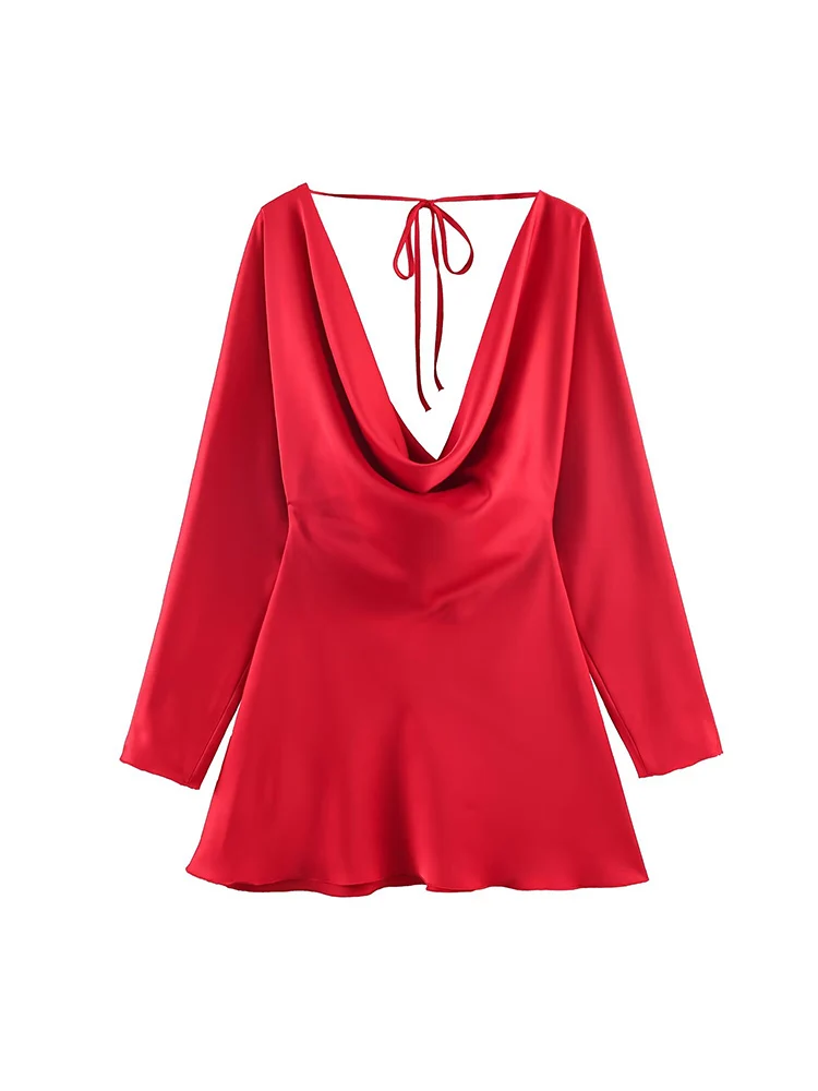 Elegantes Satin-Partykleid für Damen, High Street, langärmelig, Minikleid, Frühling und Herbst, modische Damen-Kleider mit schwingendem Kragen