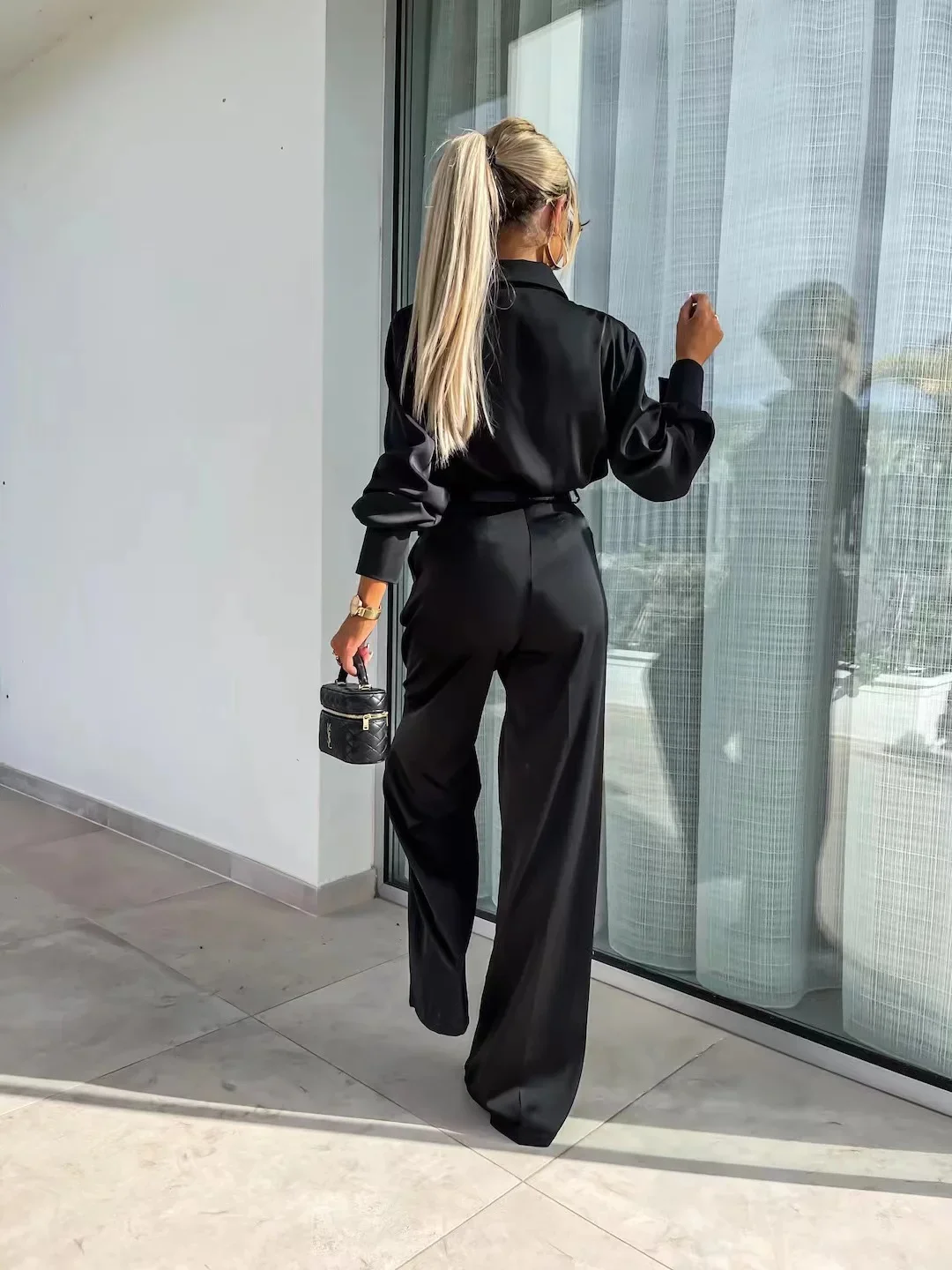 2024 Autumn Commuter Elegant 2 Pcs Suit Women Spring Single Breasted Lapel Shirt Wide Leg Pants Outfit Smooth Satin Ladies Sets