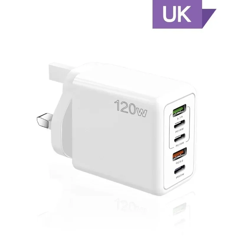 Multi-poorten USB C-oplader 120W PD Type C Snelle wandlader EU/US/UK-stekker voor iPhone Samsung Xiaomi Huawei Mobiele telefoonadapter