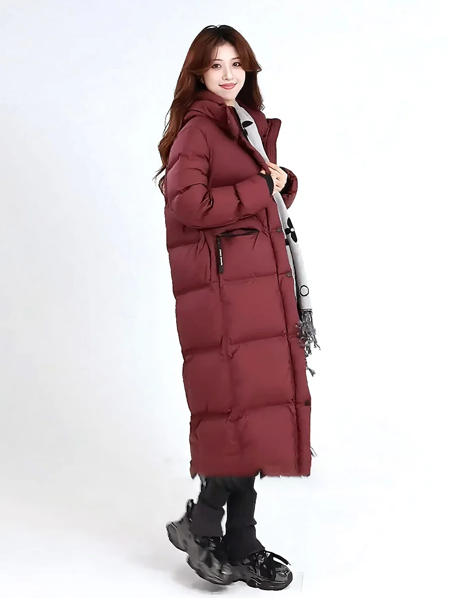 

Red Winter Warmth-Resistant Long Hooded Stand Collar Women's down Jaet Faionable Bread Sle Coat Thiened Du down