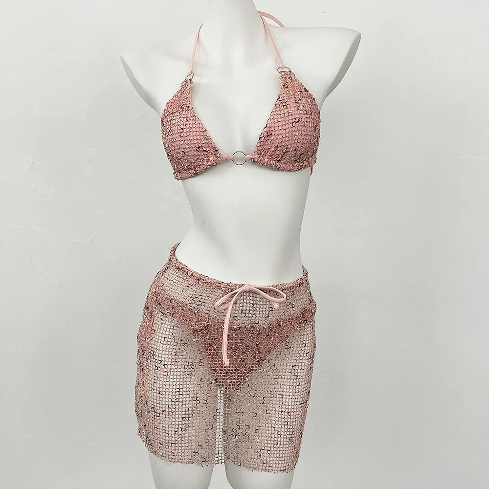 Women's 3 Piece Swimsuits Halter Triangle String Bikini Set with Beach Skirt Swimwear Set Solid Bikinis Sets