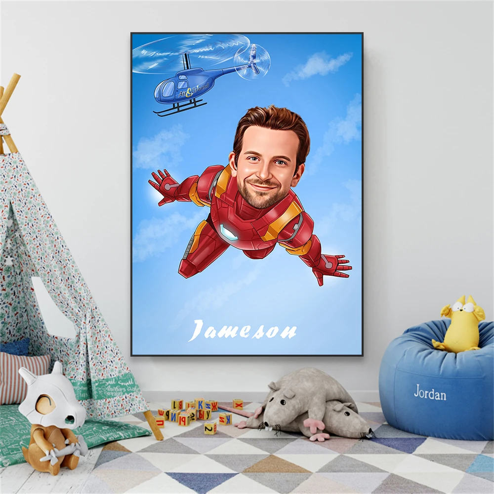 Helicopter Pilot Cartoon Portrait Poster Personalized Caricature Portrait Cartoon Funny Super Hero Canvas Painting Gift Decor