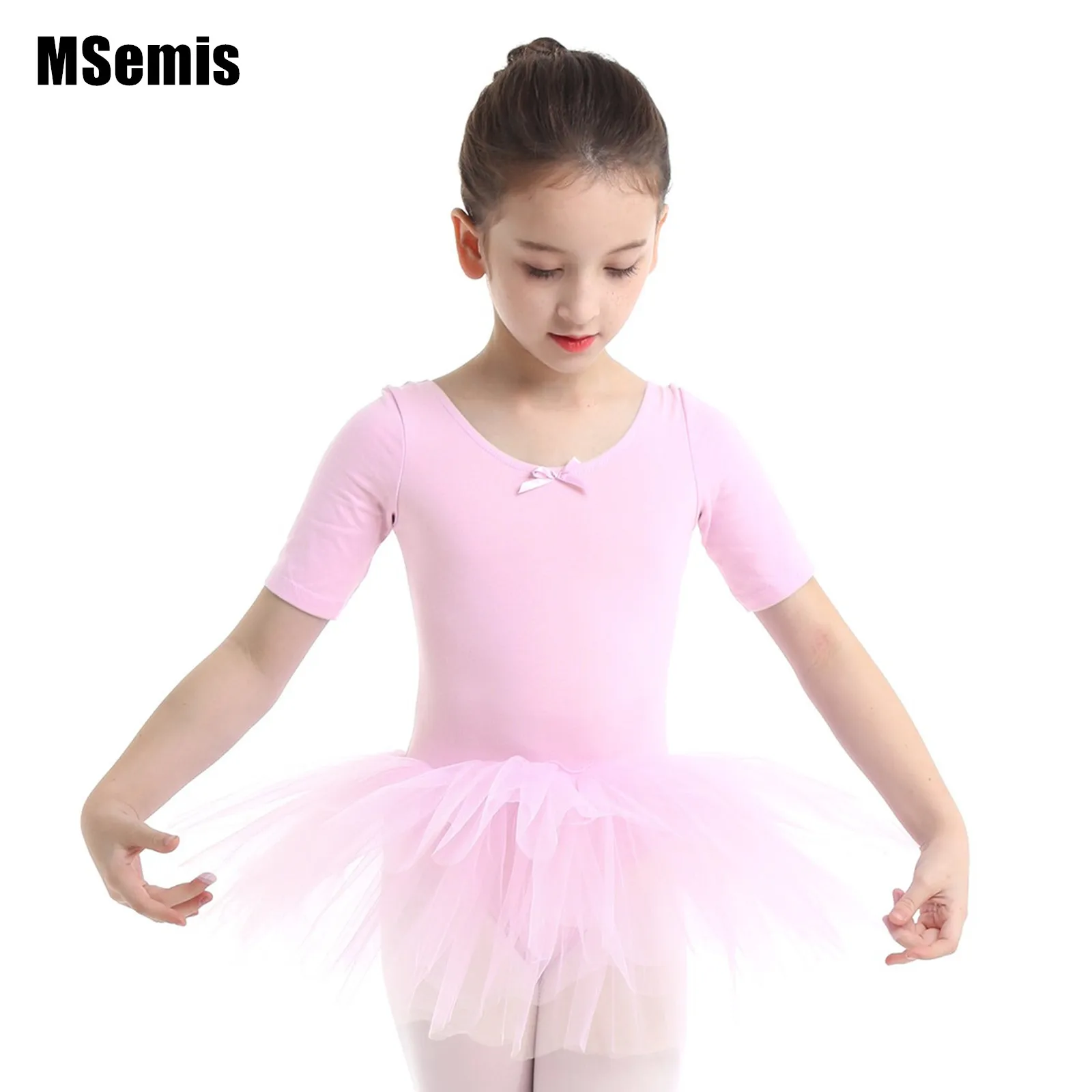 

Kids Girls Ballet Dance Leotard Cotton Tulle Dress Short Sleeve for Ice Skating Stage Performance Costumes