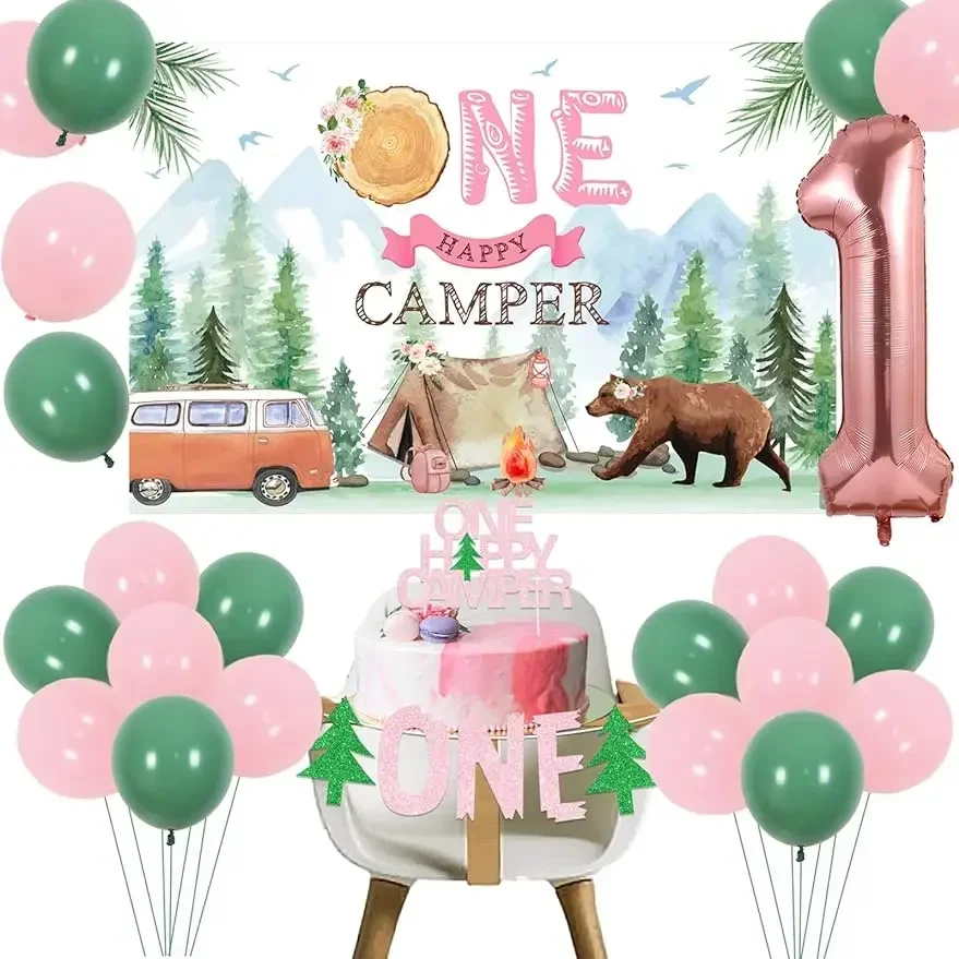 

One Happy Camper Pink Camping Theme 1st Girl's Birthday, Background Balloon Garland Kid Cake Topper 1 Foil Balloon PartySupplies