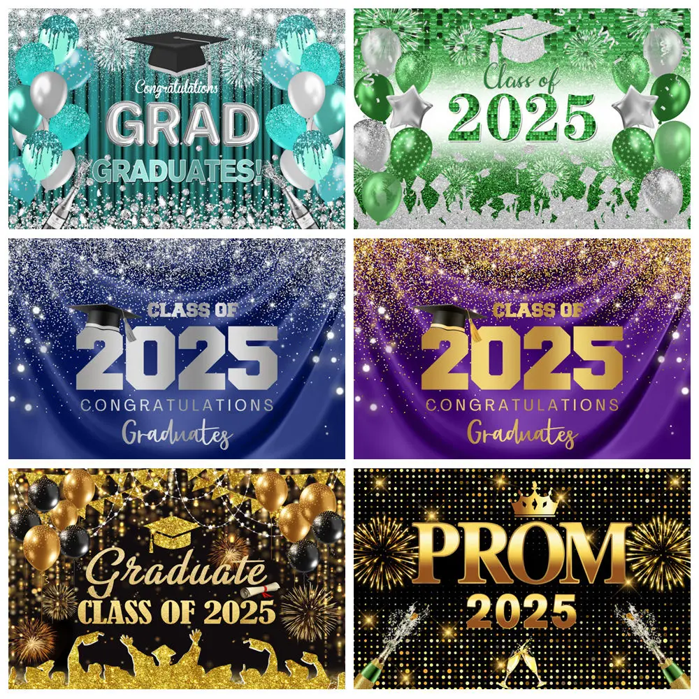 

2025 Graduation Photography Backdrop Gold Glitter Balloons Bachelor Cap Prom Graduation Ceremony Party Decor Photo Background