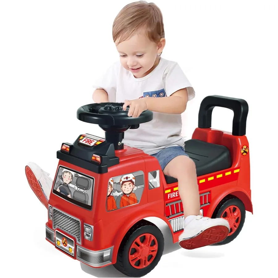 Juguetes para niños pequeños con almacenamiento debajo del asiento, camión de bomberos con música y volante, coche de empuje para niños pequeños de 1 a 3 años