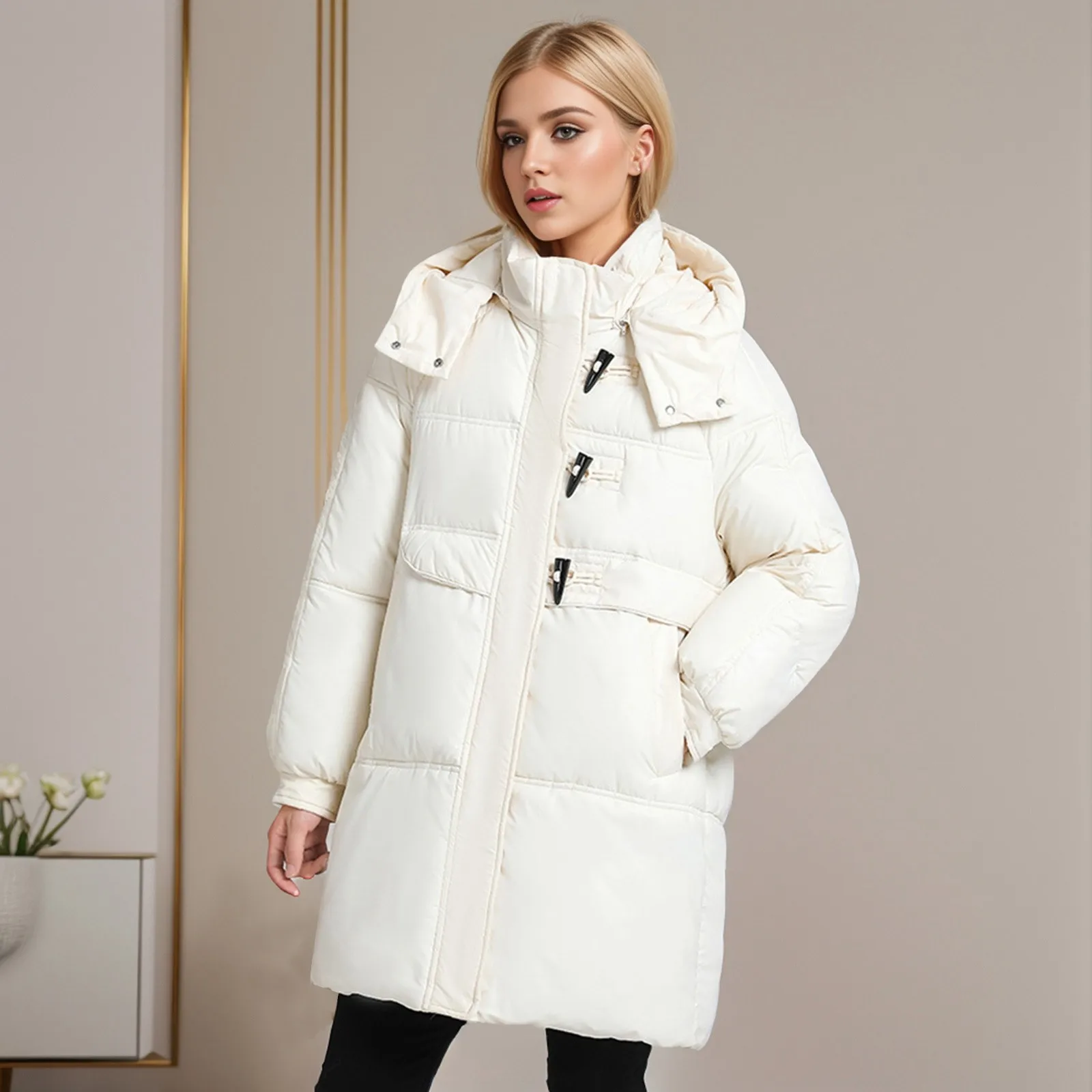 Women's Cowhorn Button Long Cotton Coat Women's Casual Fashion Cotton Coat Thickened Winter Women's Coat Fleece And down Jacket