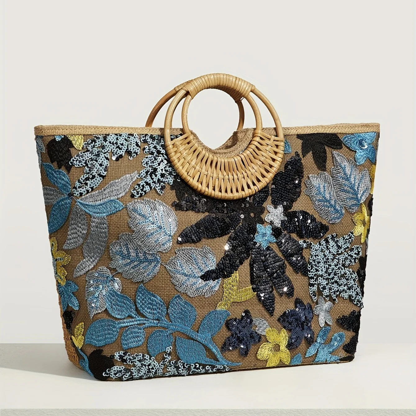 Women\'s Evening Style Handbag, Shiny Sequined Flowers, Woven Large Capacity Tote Bag, Suitable For Vacation, Travel,Beach